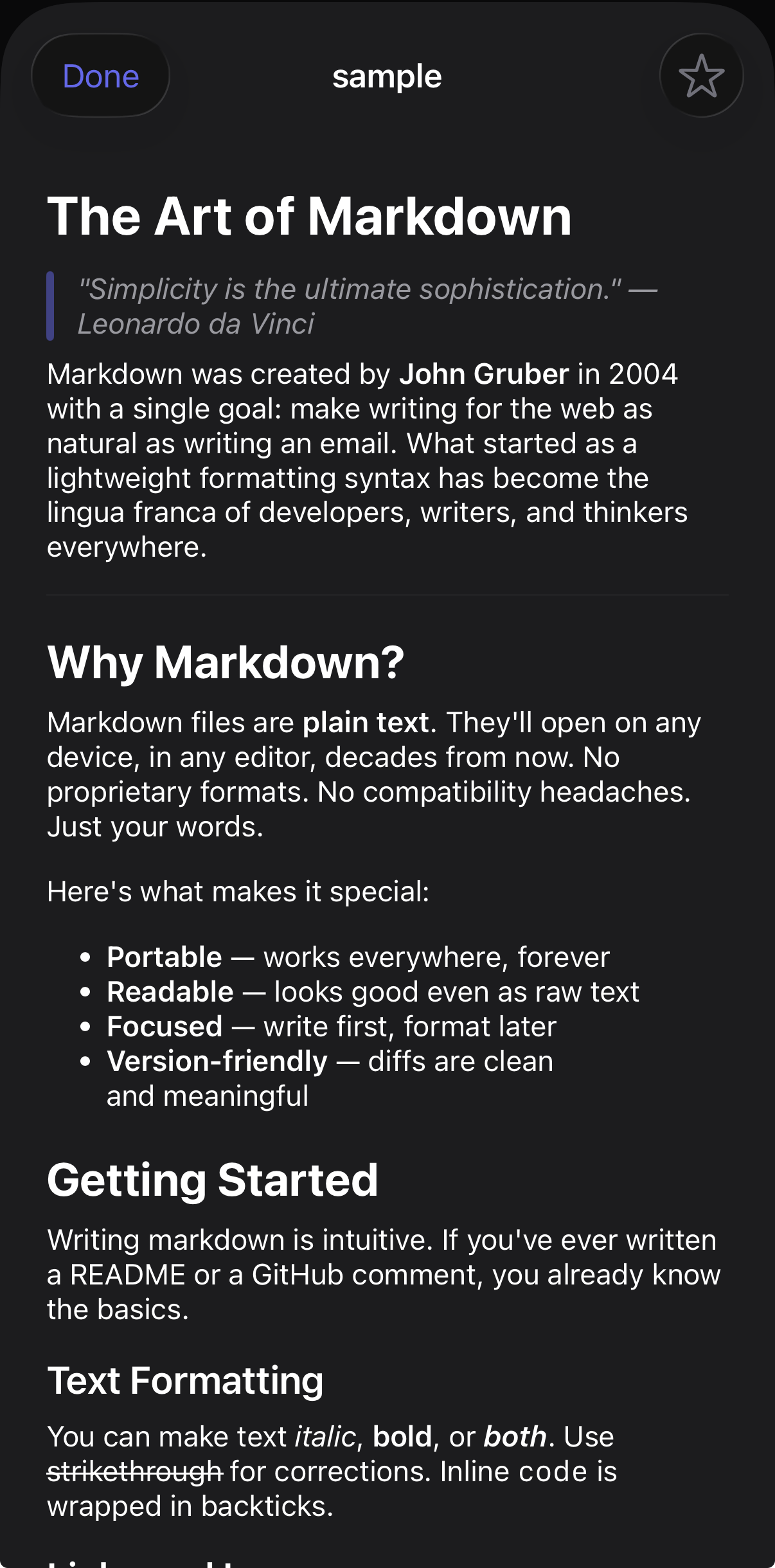 MD HD app showing beautiful markdown rendering on iPhone