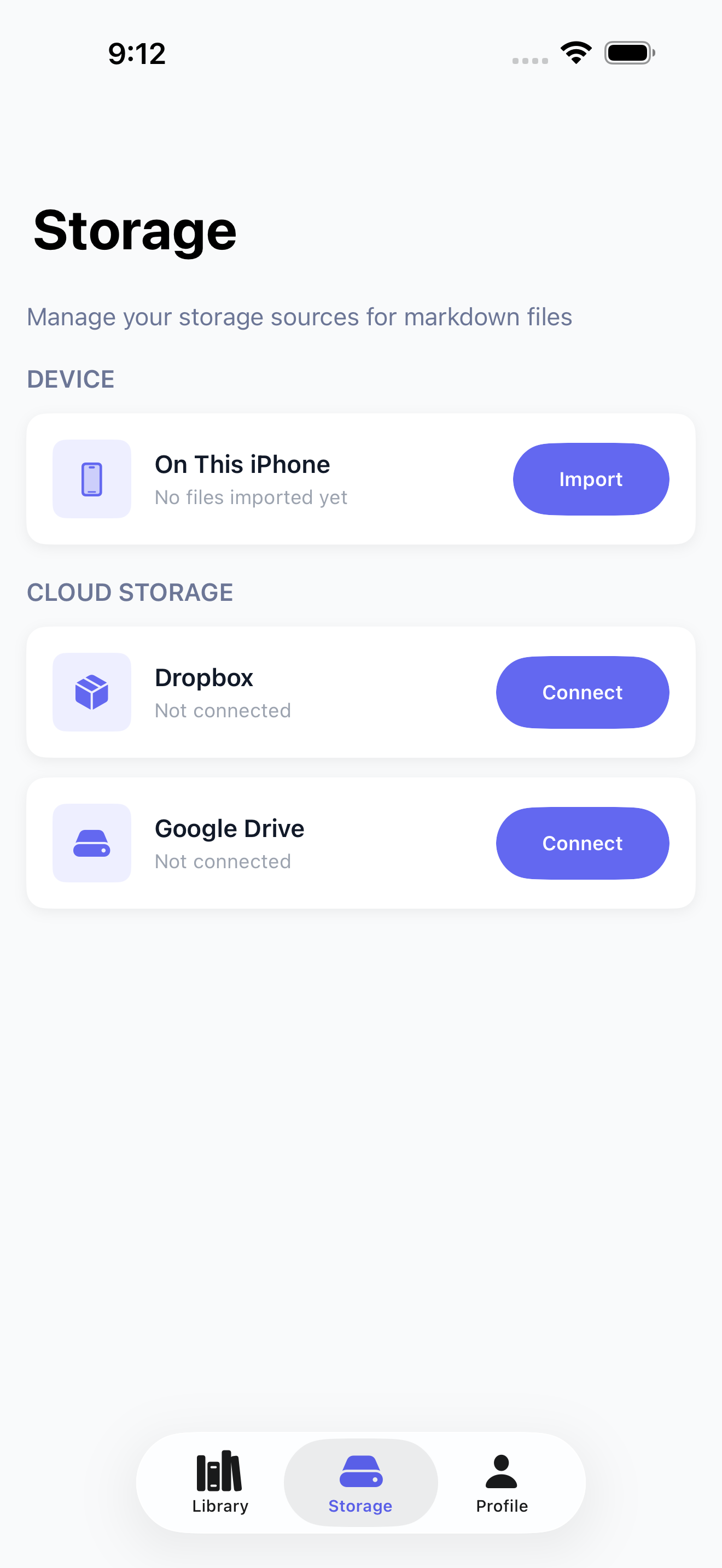 MD HD storage screen with imported files and Dropbox